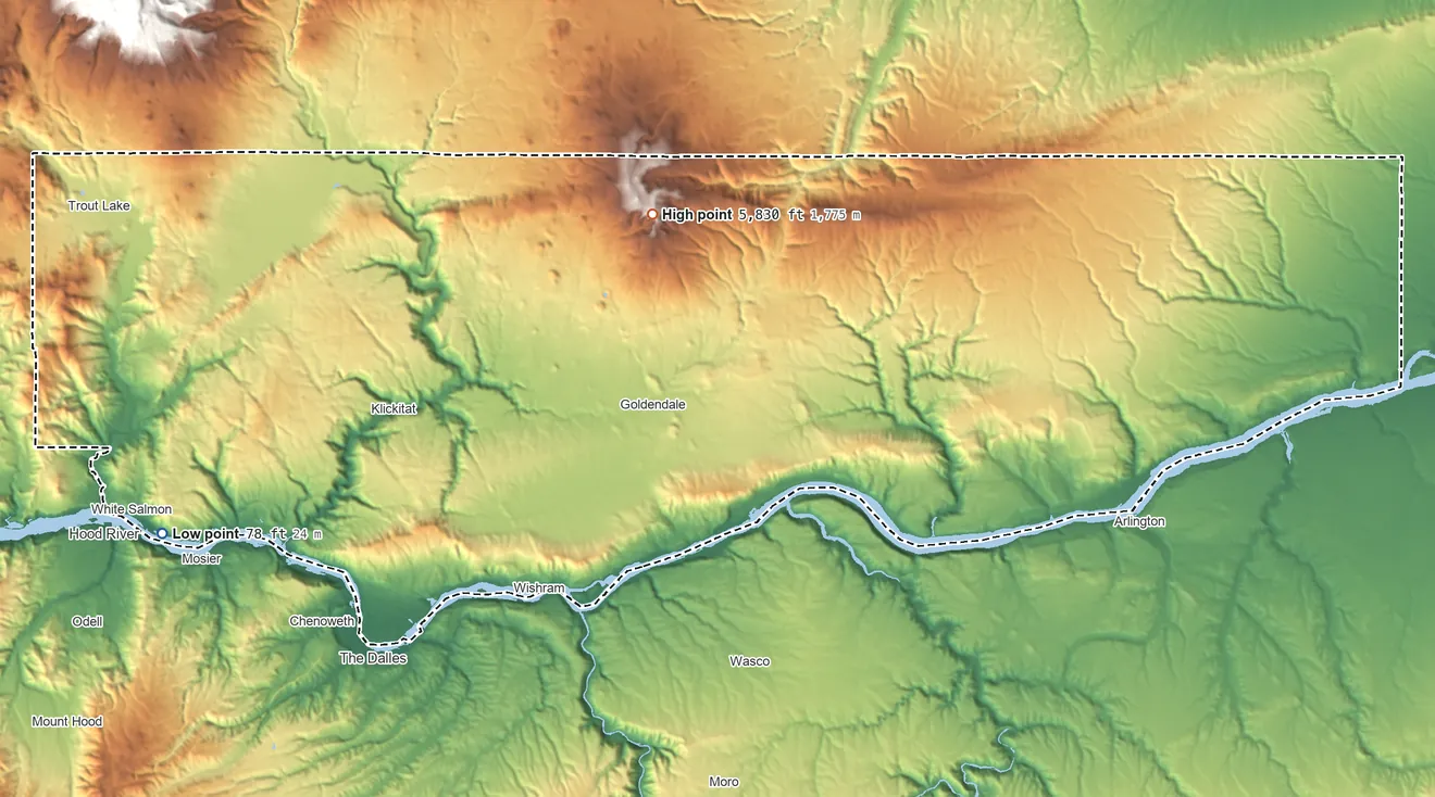 Topographic elevation map of Klickitat County, Washington, shaded from 78 ft on the west side to 5,830 ft on Indian Rock