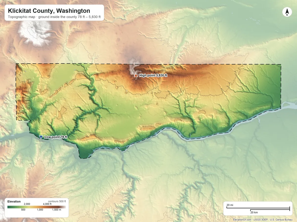 Topographic elevation map of Klickitat County, Washington, shaded from 78 ft on the west side to 5,830 ft on Indian Rock