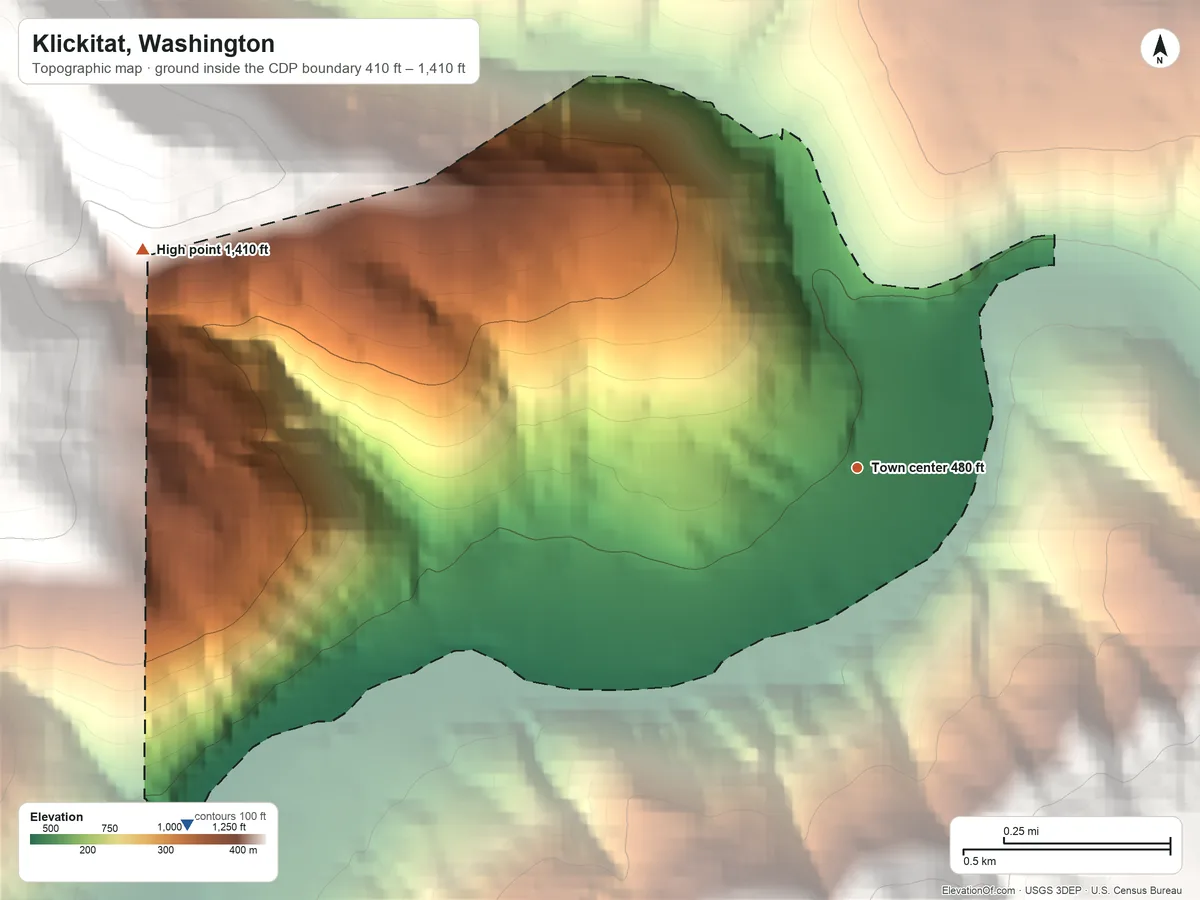 Topographic elevation map of Klickitat, Washington, shaded from 410 ft on the southwest side to 1,410 ft at the foot of the Columbia Hills