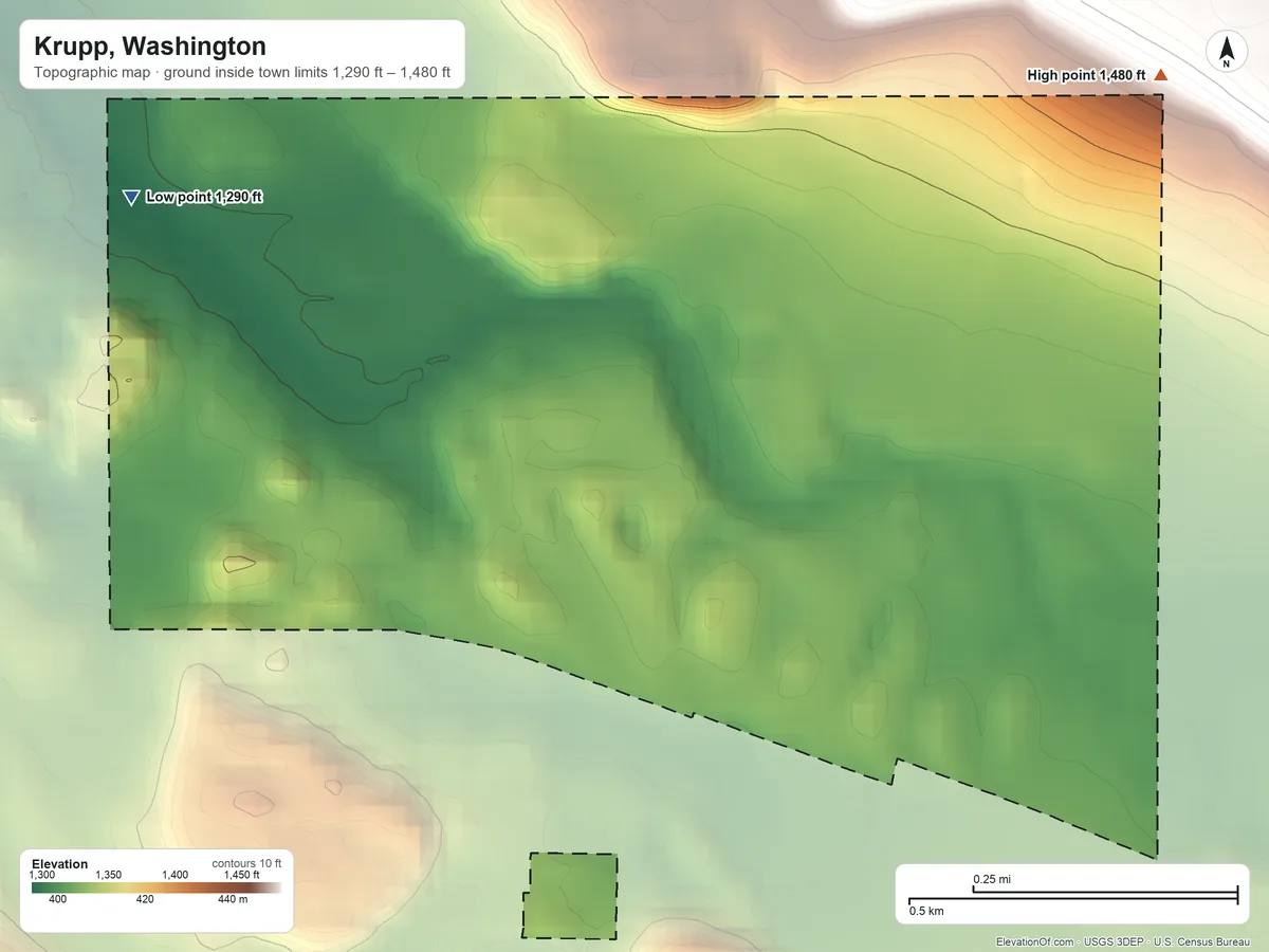 Topographic elevation map of Krupp, Washington, shaded from 1,290 ft on the northwest side to 1,480 ft on the northeast side