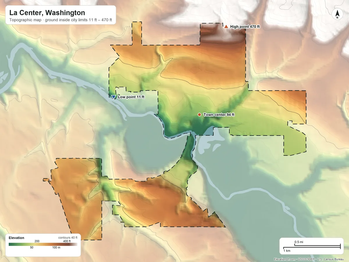 Topographic elevation map of La Center, Washington, shaded from 11 ft on the west side to 470 ft on the north side