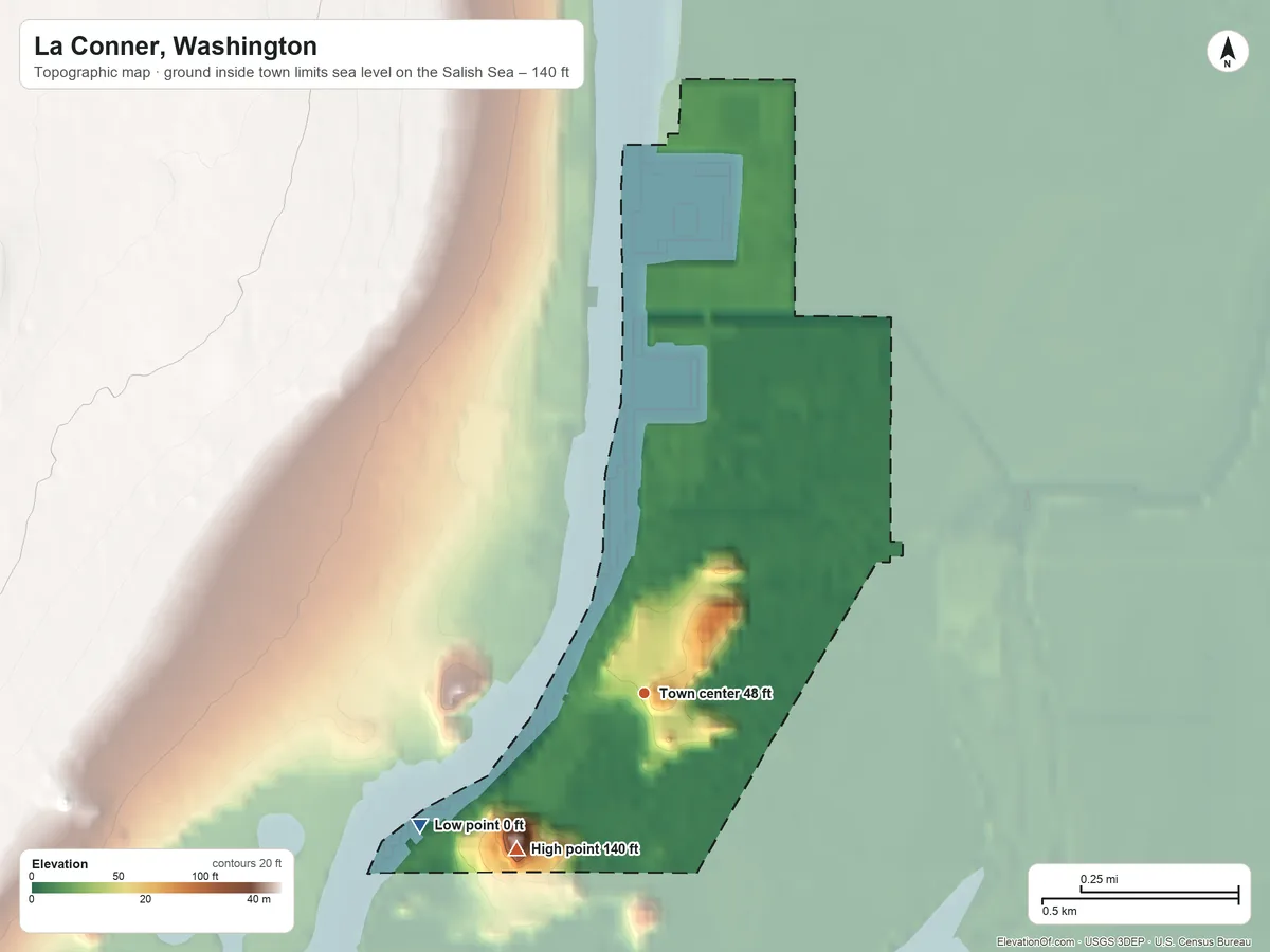 Topographic elevation map of La Conner, Washington, shaded from sea level level on the Salish Sea to 140 ft on the southwest side