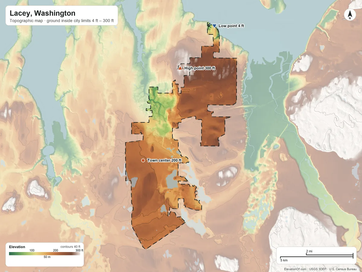 Topographic elevation map of Lacey, Washington, shaded from 4 ft on the northeast side to 300 ft on the north side