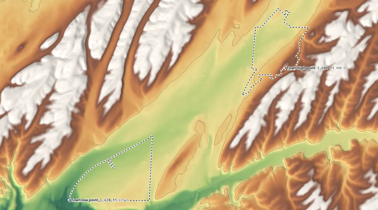 Topographic elevation map of LaCrosse, Washington, shaded from 1,420 ft on the southwest side to 1,600 ft near the middle