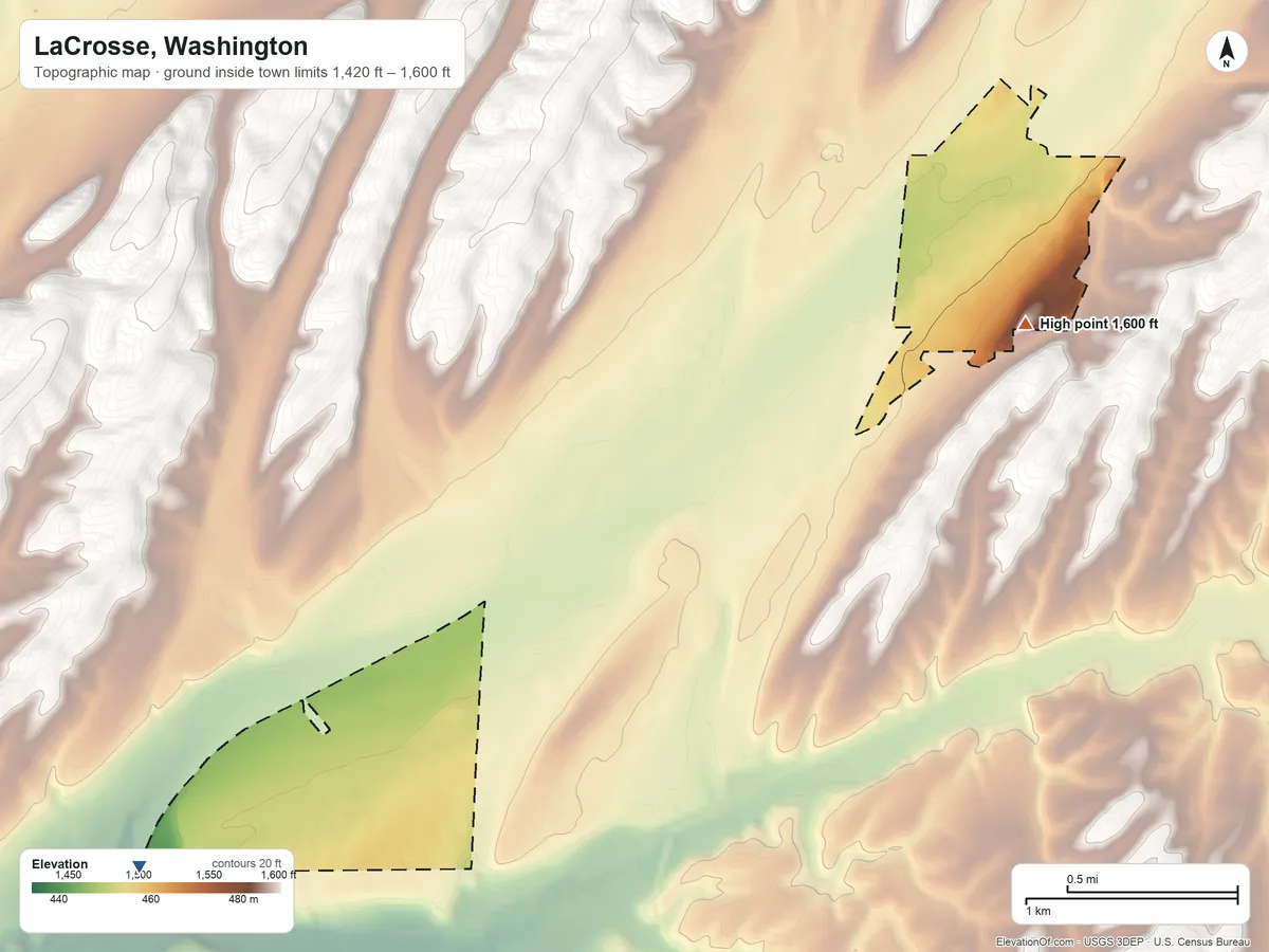 Topographic elevation map of LaCrosse, Washington, shaded from 1,420 ft on the southwest side to 1,600 ft near the middle
