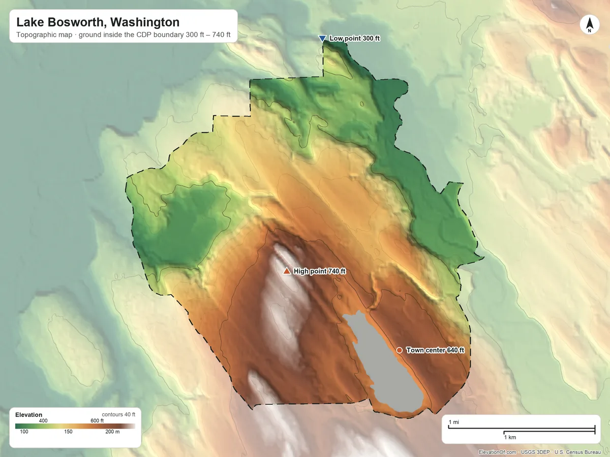 Topographic elevation map of Lake Bosworth, Washington, shaded from 300 ft on the north side to 740 ft on the northwest side
