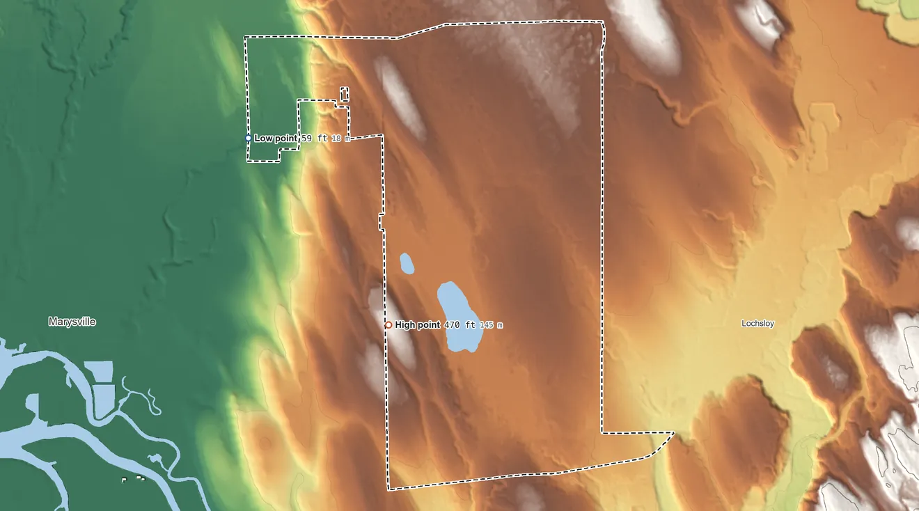 Topographic elevation map of Lake Cassidy, Washington, shaded from 59 ft on the west side to 470 ft on the southwest side