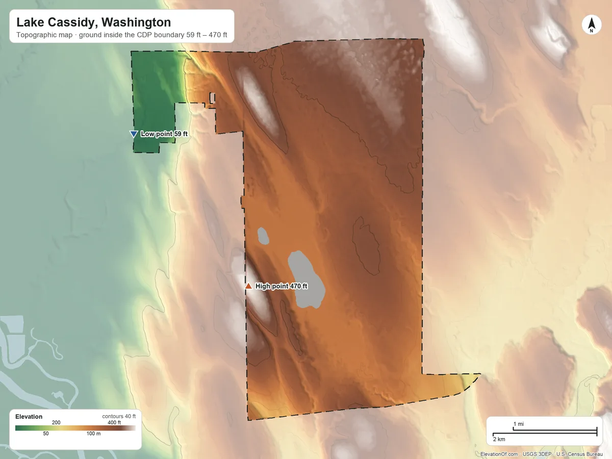 Topographic elevation map of Lake Cassidy, Washington, shaded from 59 ft on the west side to 470 ft on the southwest side