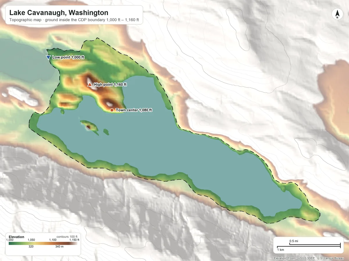 Topographic elevation map of Lake Cavanaugh, Washington, shaded from 1,000 ft on the northwest side to 1,160 ft at the foot of the Cultus Mountains