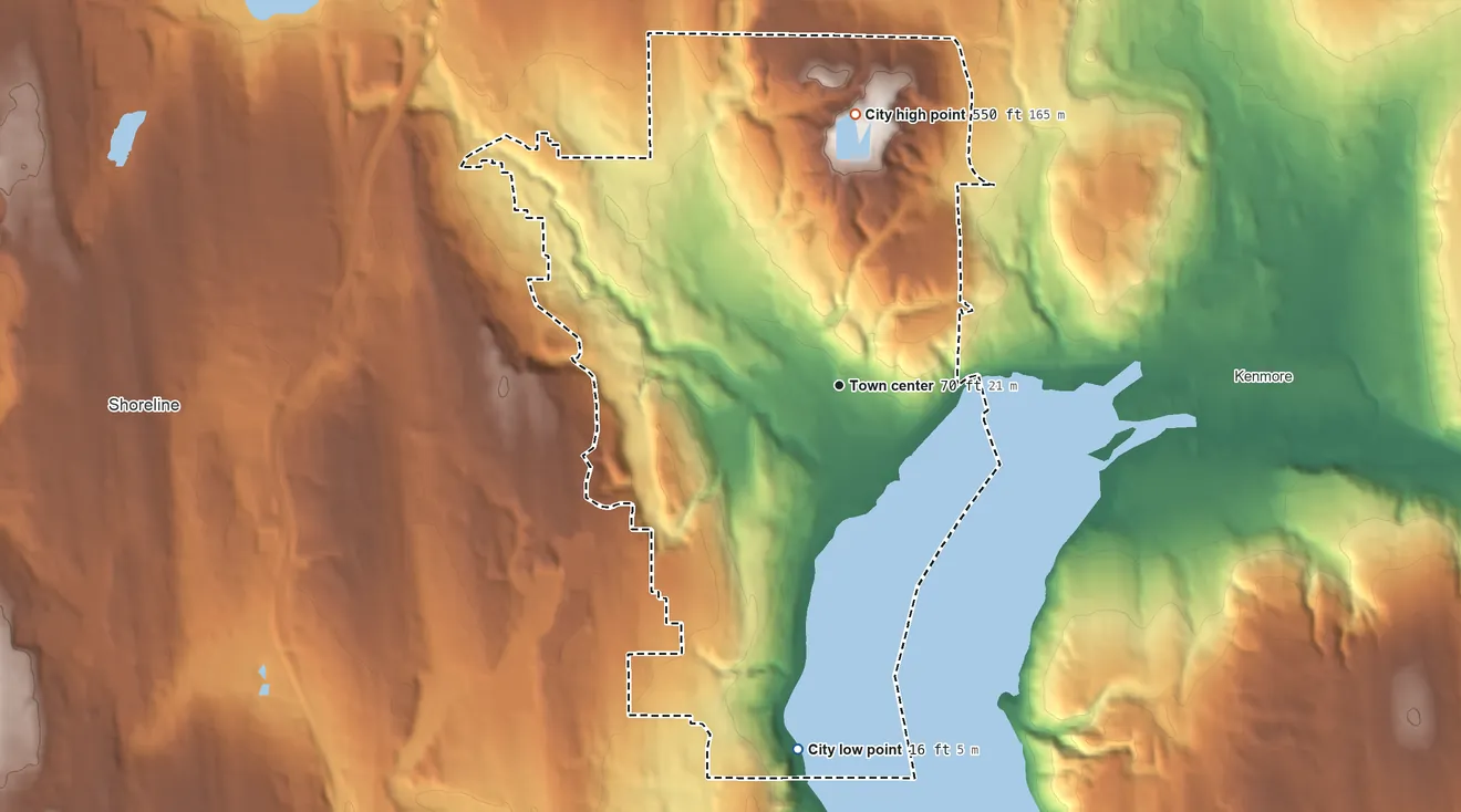 Topographic elevation map of Lake Forest Park, Washington, shaded from 16 ft on the south side to 550 ft on the north side