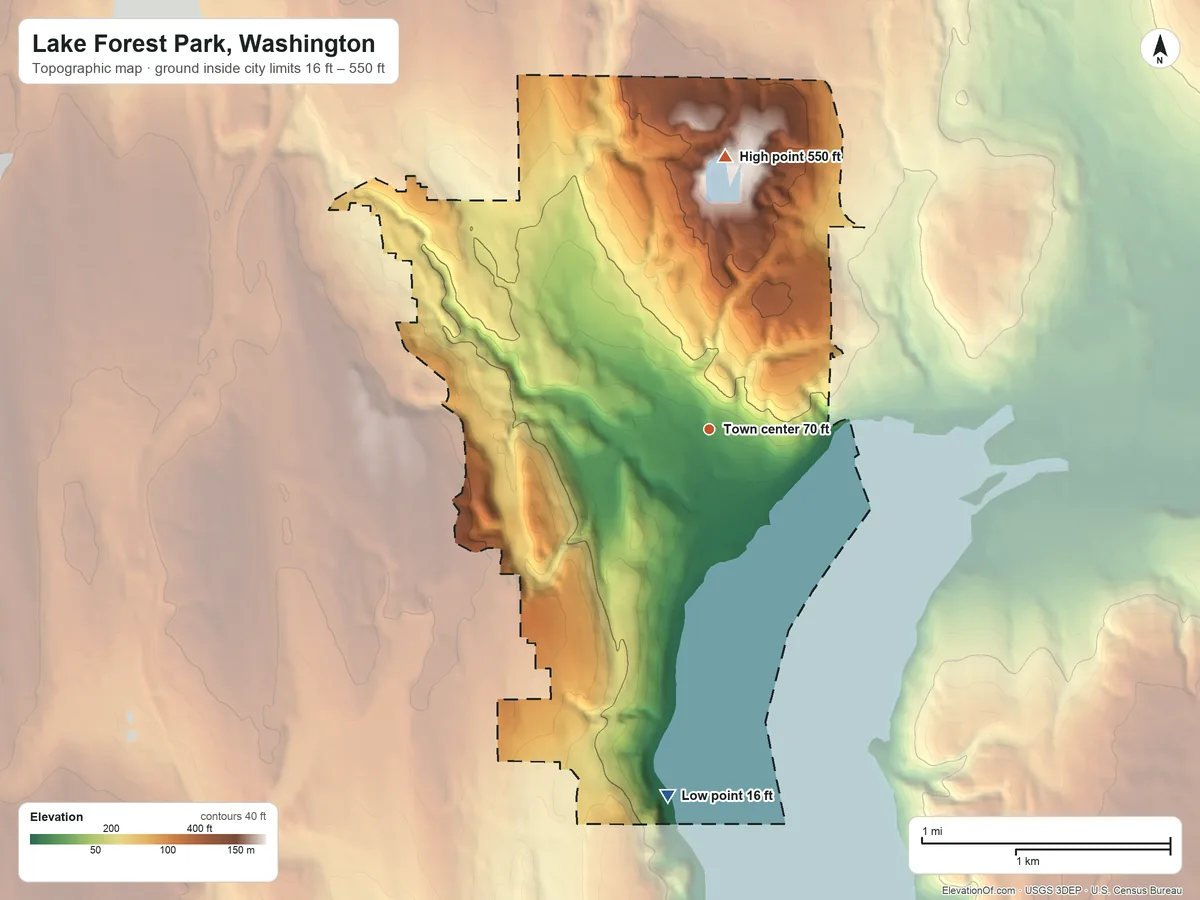 Topographic elevation map of Lake Forest Park, Washington, shaded from 16 ft on the south side to 550 ft on the north side