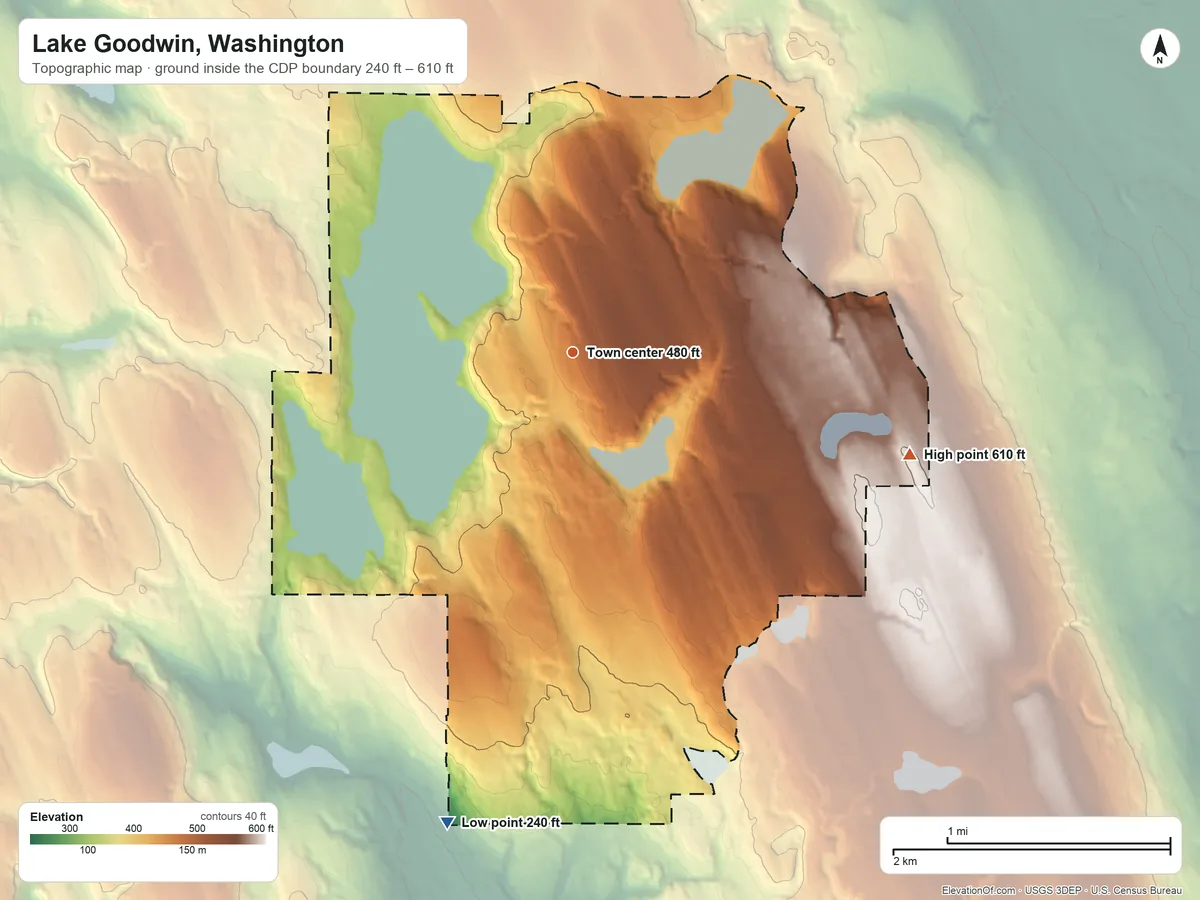 Topographic elevation map of Lake Goodwin, Washington, shaded from 240 ft on the south side to 610 ft on the east side