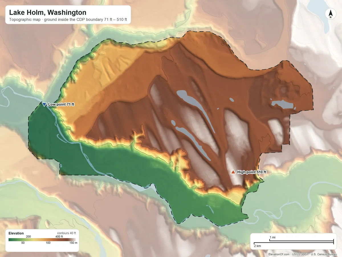 Topographic elevation map of Lake Holm, Washington, shaded from 71 ft on the west side to 510 ft on the southeast side