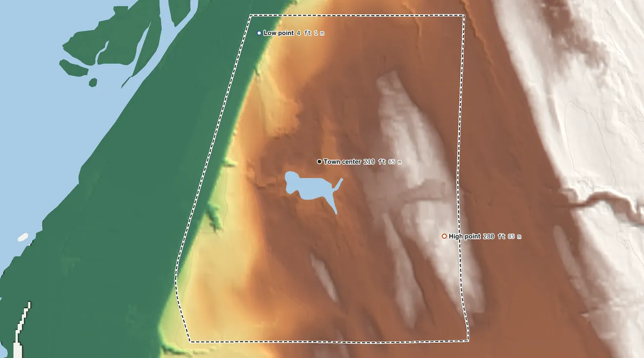 Topographic elevation map of Lake Ketchum, Washington, shaded from 4 ft on the northwest side to 280 ft on the southeast side