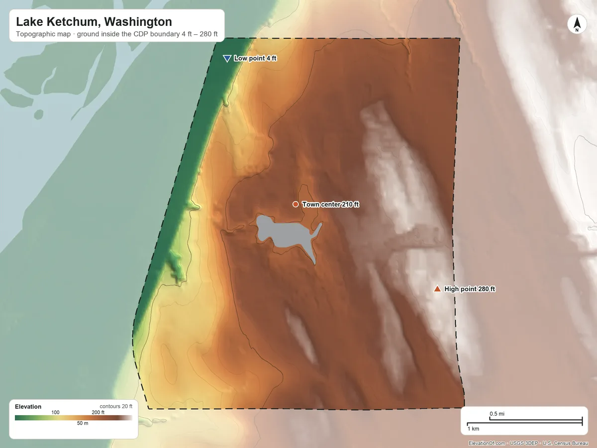 Topographic elevation map of Lake Ketchum, Washington, shaded from 4 ft on the northwest side to 280 ft on the southeast side
