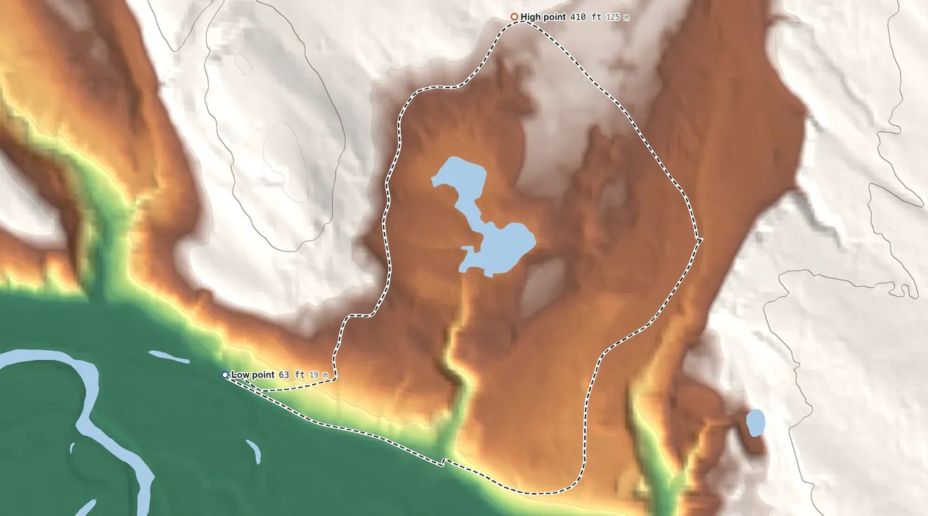 Topographic elevation map of Lake Marcel-Stillwater, Washington, shaded from 63 ft on the southwest side to 410 ft on the north side
