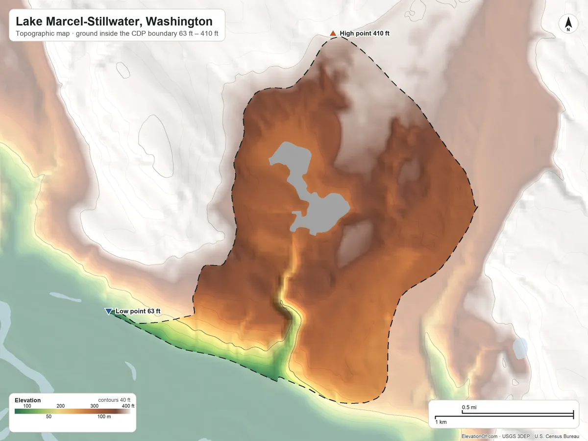 Topographic elevation map of Lake Marcel-Stillwater, Washington, shaded from 63 ft on the southwest side to 410 ft on the north side