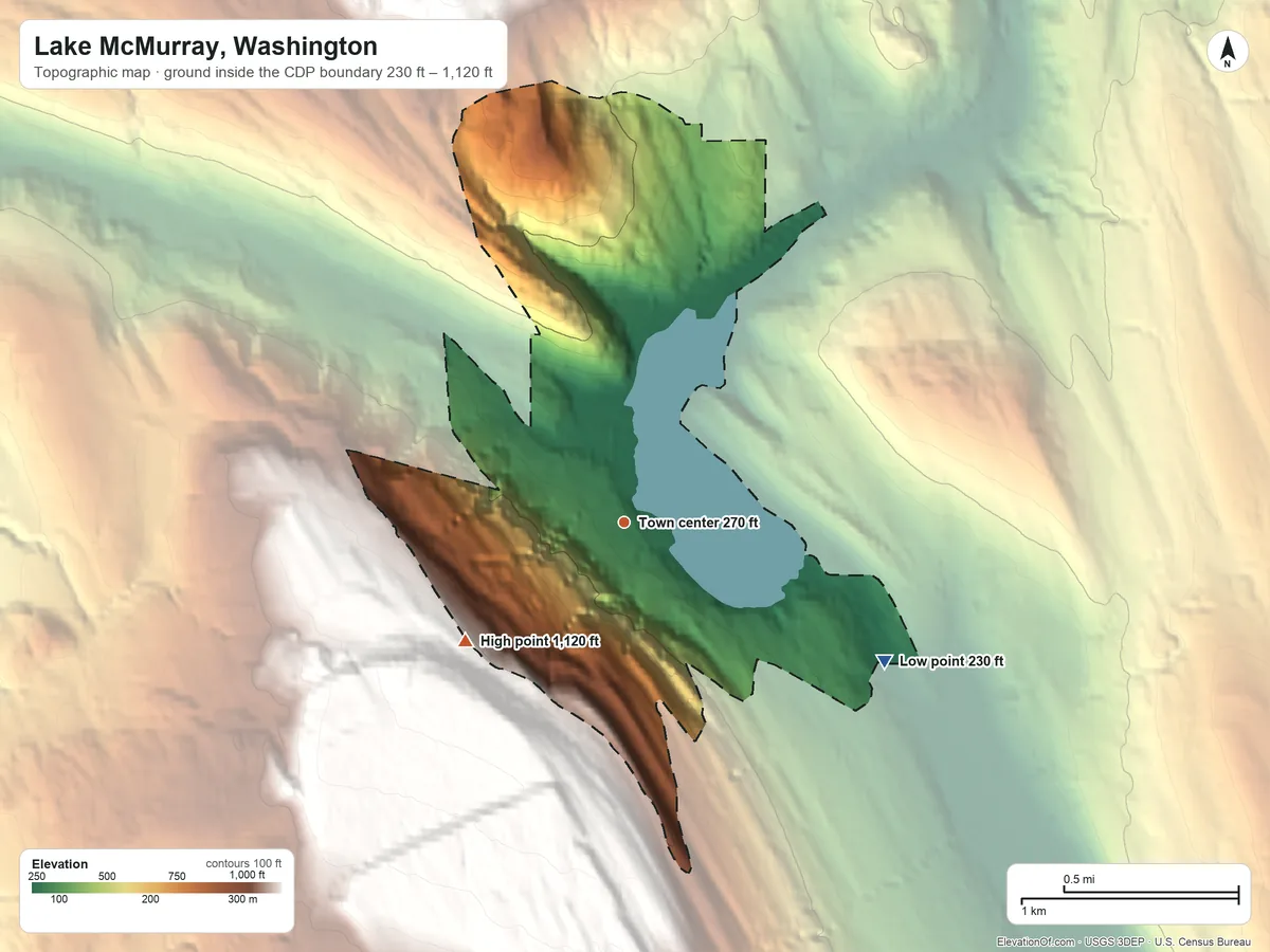 Topographic elevation map of Lake McMurray, Washington, shaded from 230 ft on the southeast side to 1,120 ft on the southwest side