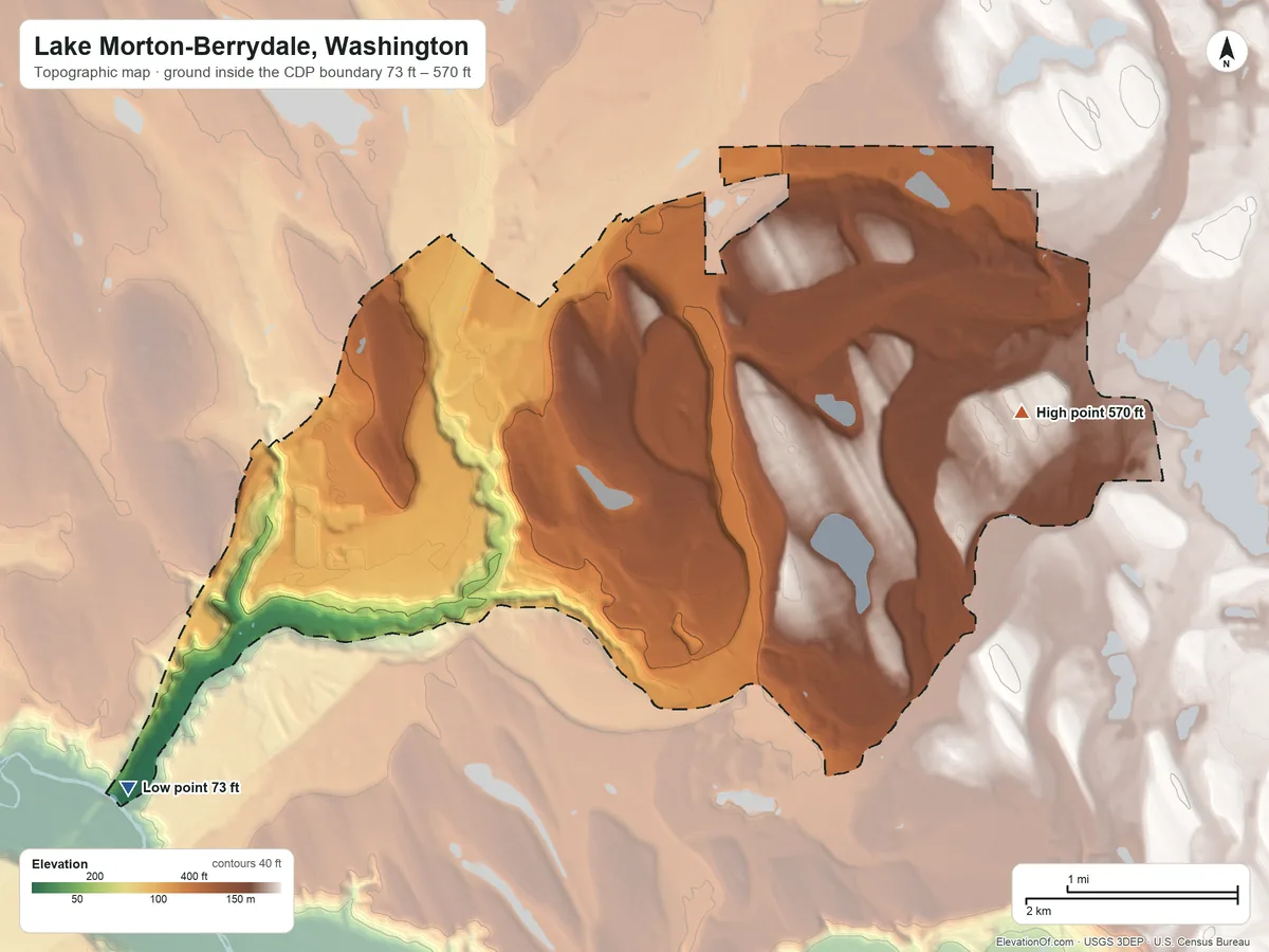 Topographic elevation map of Lake Morton-Berrydale, Washington, shaded from 73 ft on the southwest side to 570 ft on the east side