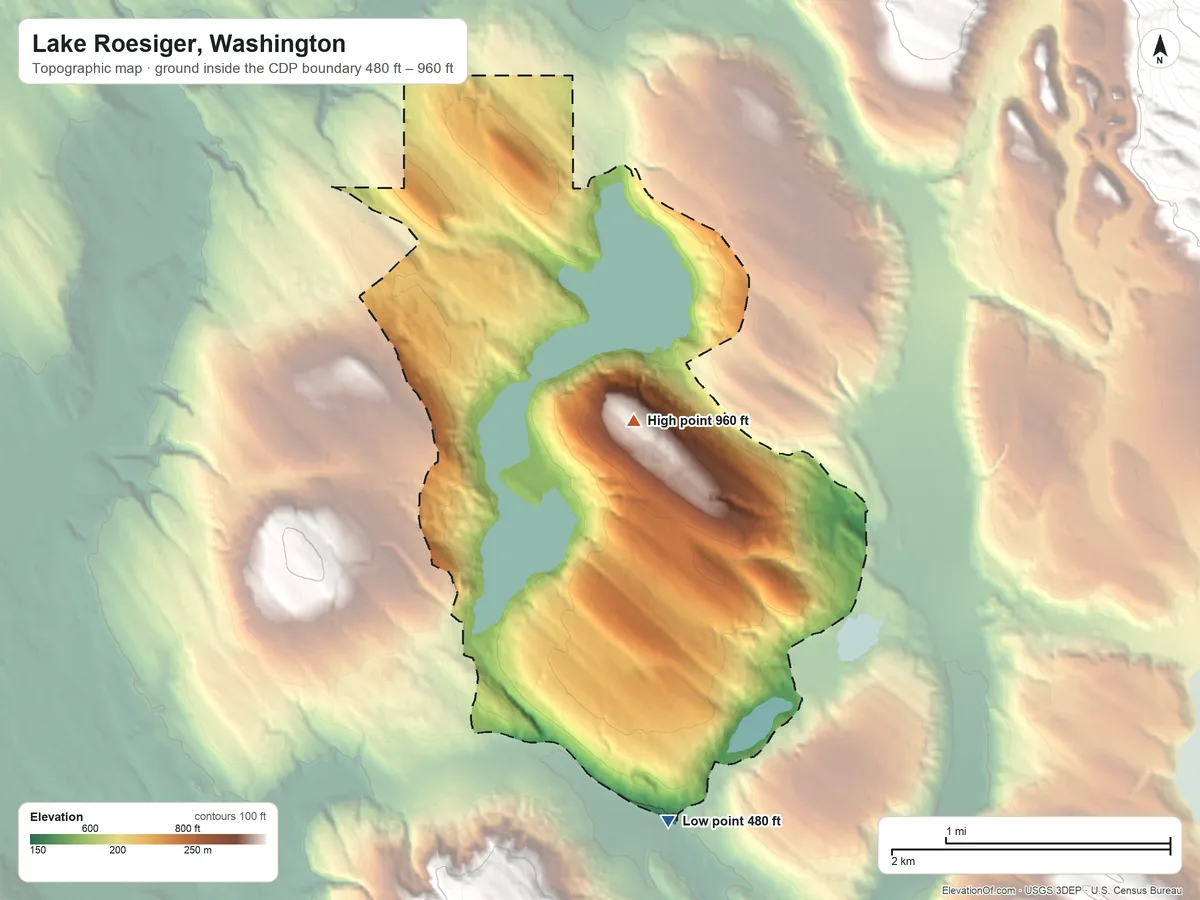 Topographic elevation map of Lake Roesiger, Washington, shaded from 480 ft on the south side to 960 ft near the middle