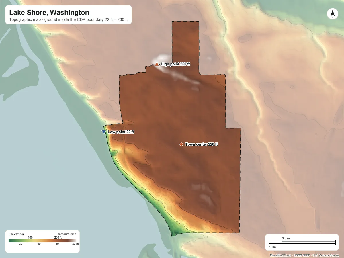 Topographic elevation map of Lake Shore, Washington, shaded from 22 ft on the west side to 260 ft on the north side