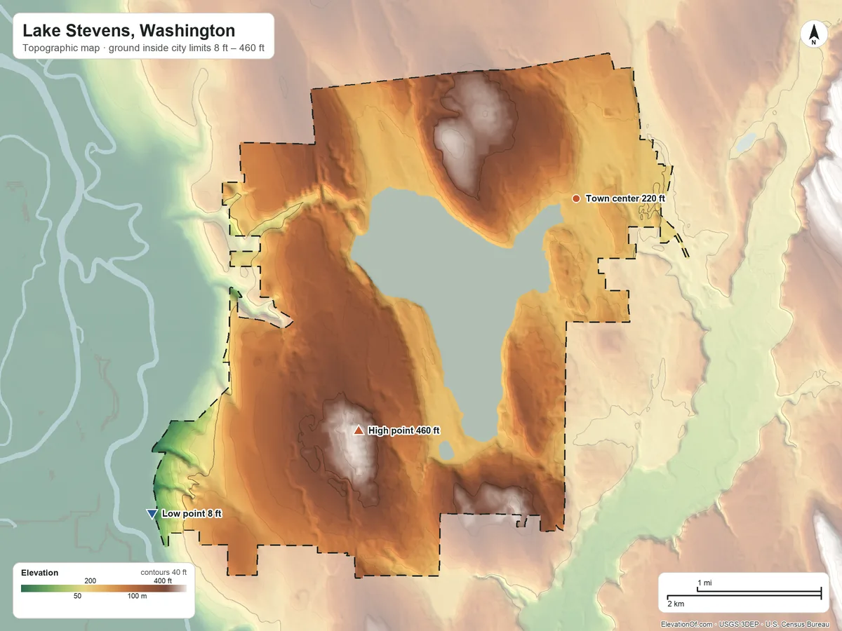 Topographic elevation map of Lake Stevens, Washington, shaded from 8 ft on the southwest side to 460 ft on the southwest side