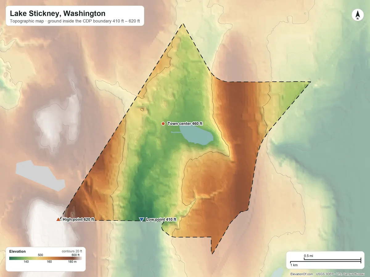 Topographic elevation map of Lake Stickney, Washington, shaded from 410 ft on the south side to 620 ft on the southwest side