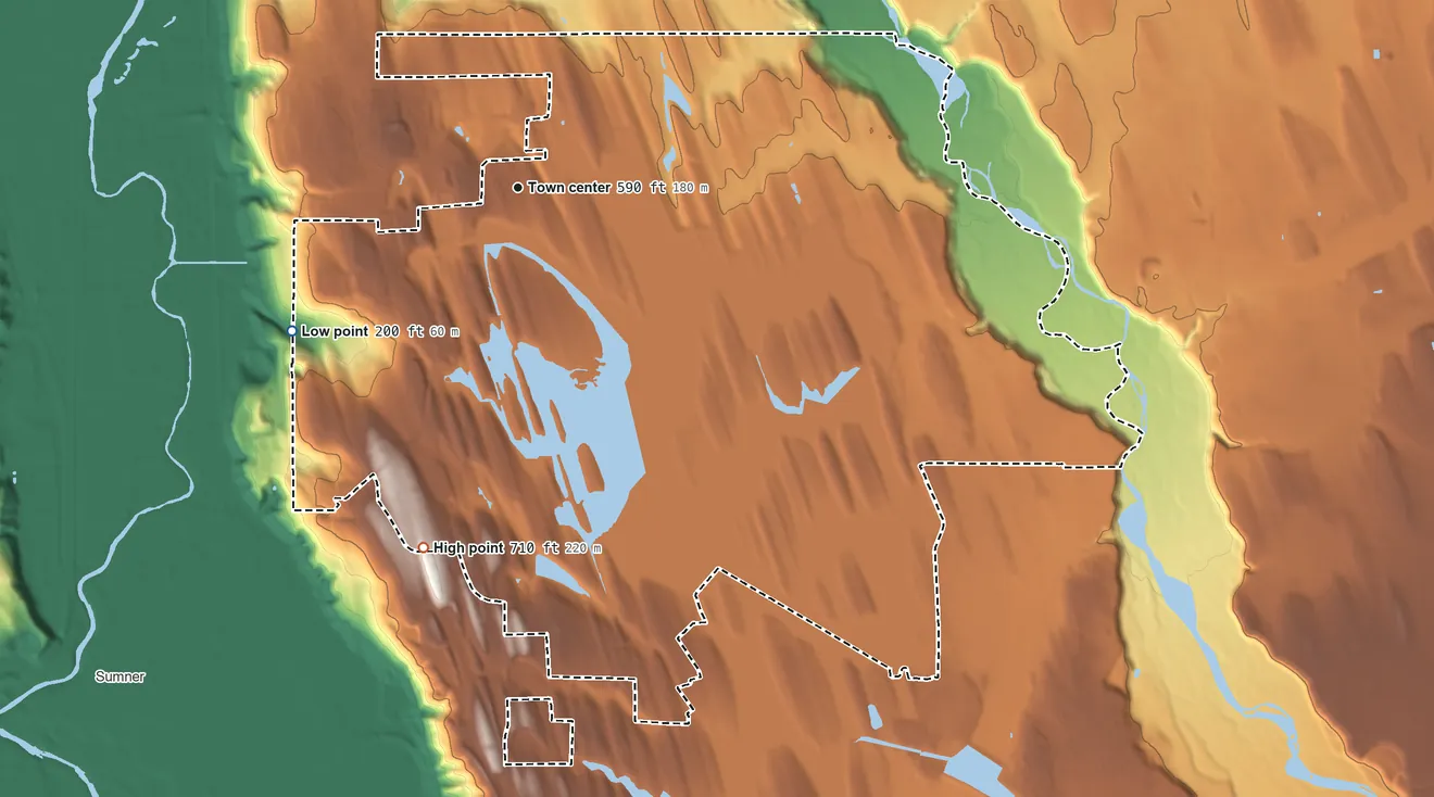 Topographic elevation map of Lake Tapps, Washington, shaded from 200 ft on the southwest side to 710 ft on the south side