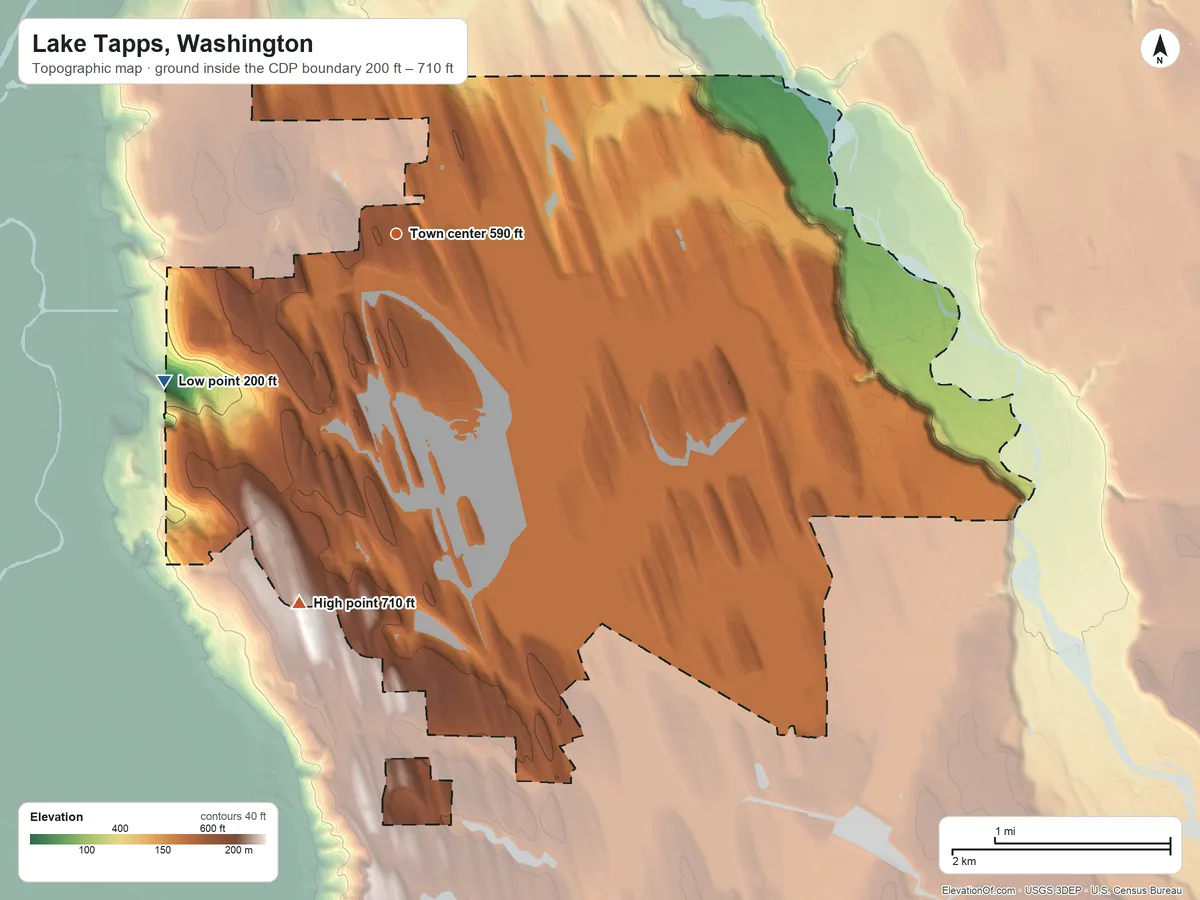 Topographic elevation map of Lake Tapps, Washington, shaded from 200 ft on the southwest side to 710 ft on the south side