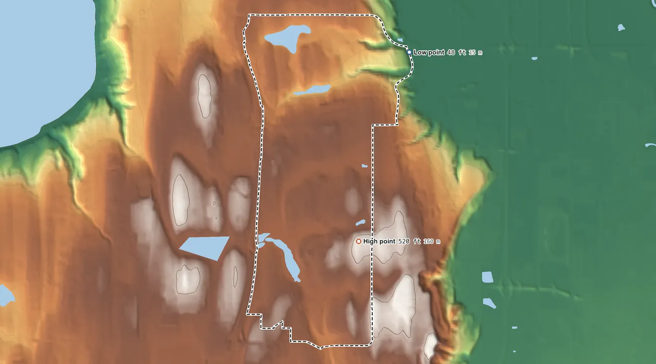 Topographic elevation map of Lakeland North, Washington, shaded from 48 ft on the northeast side to 520 ft on the southeast side