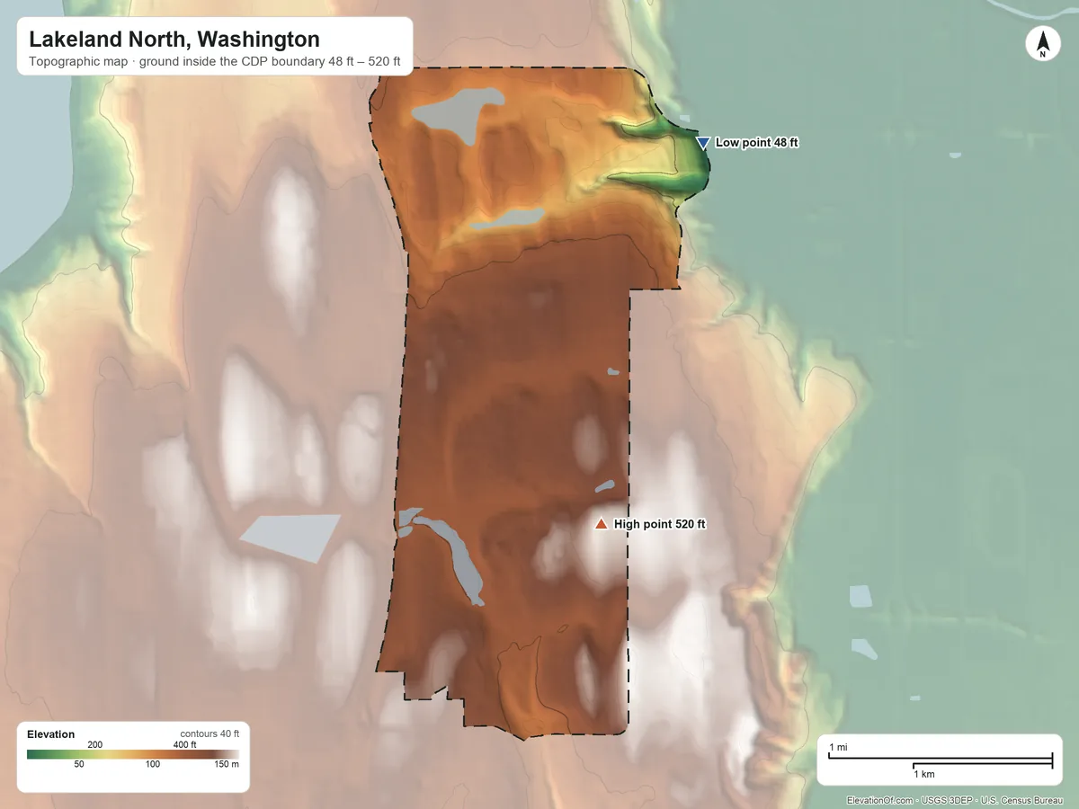 Topographic elevation map of Lakeland North, Washington, shaded from 48 ft on the northeast side to 520 ft on the southeast side