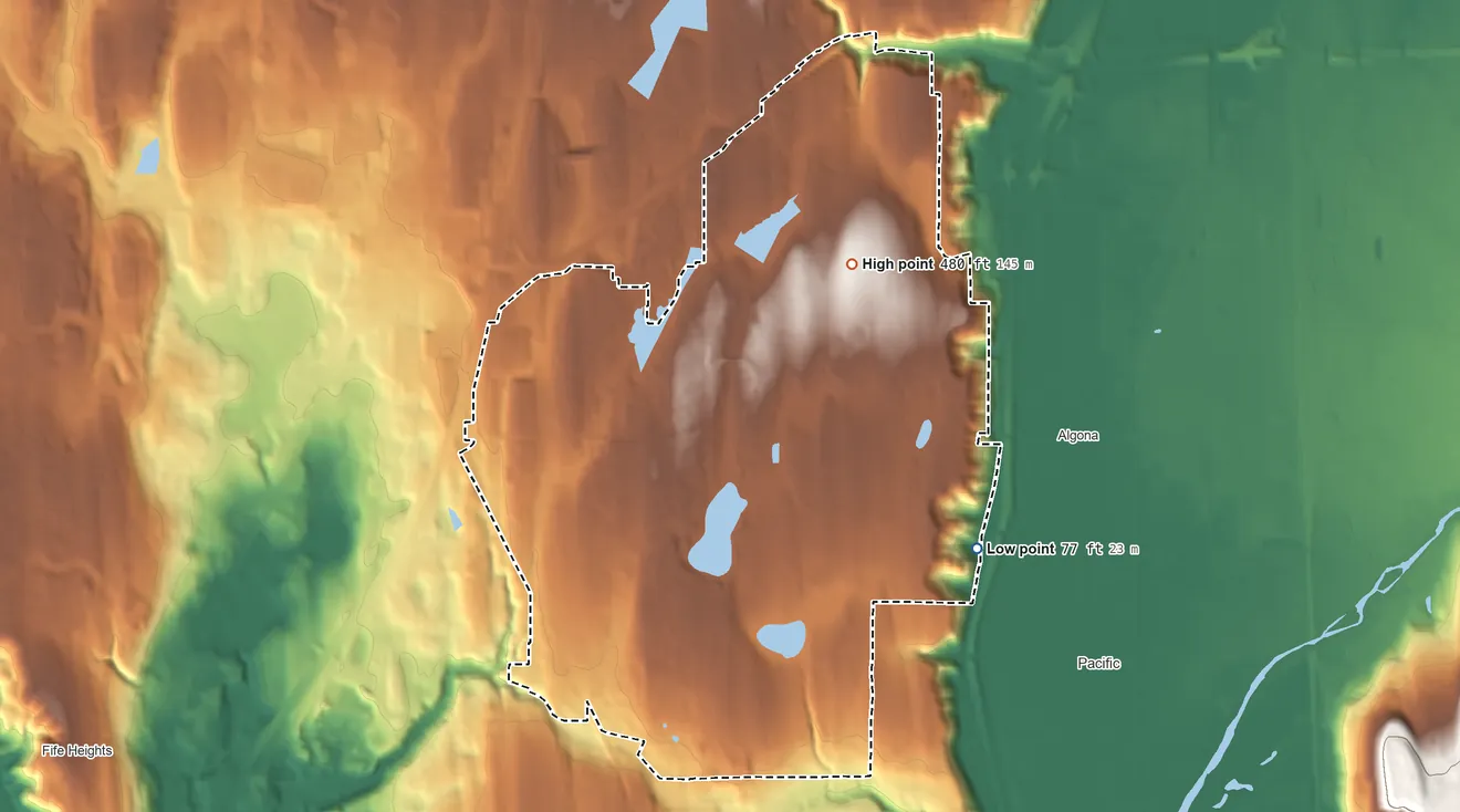 Topographic elevation map of Lakeland South, Washington, shaded from 77 ft on the east side to 480 ft on the northeast side