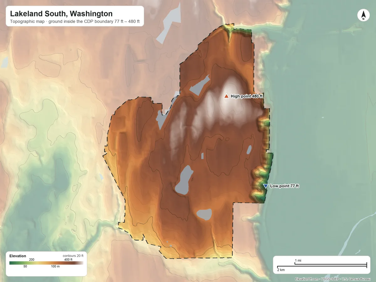 Topographic elevation map of Lakeland South, Washington, shaded from 77 ft on the east side to 480 ft on the northeast side