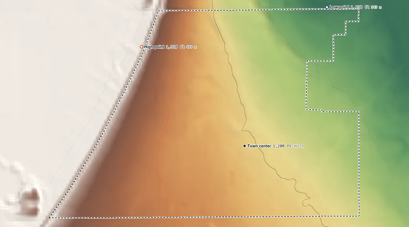 Topographic elevation map of Lakeview, Washington, shaded from 1,130 ft on the northeast side to 1,310 ft at the foot of the Beezley Hills