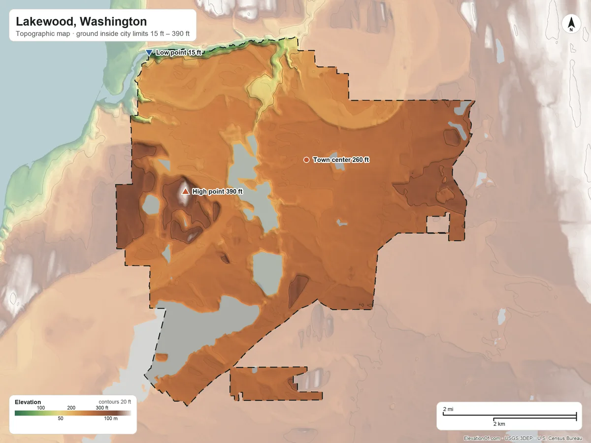 Topographic elevation map of Lakewood, Washington, shaded from 15 ft on the northwest side to 390 ft on the west side