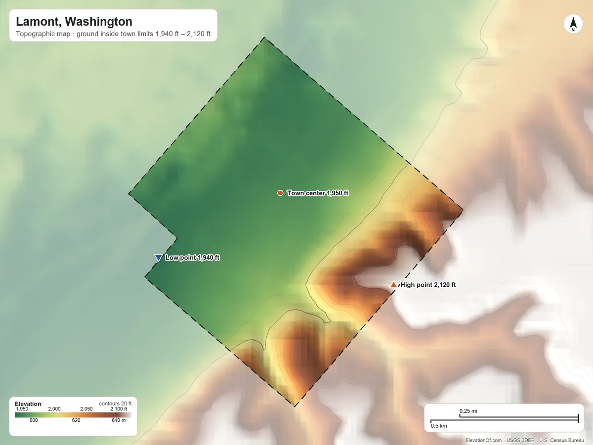 Topographic elevation map of Lamont, Washington, shaded from 1,940 ft on the southwest side to 2,120 ft on the southeast side