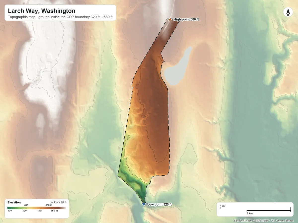 Topographic elevation map of Larch Way, Washington, shaded from 320 ft on the south side to 580 ft on the north side