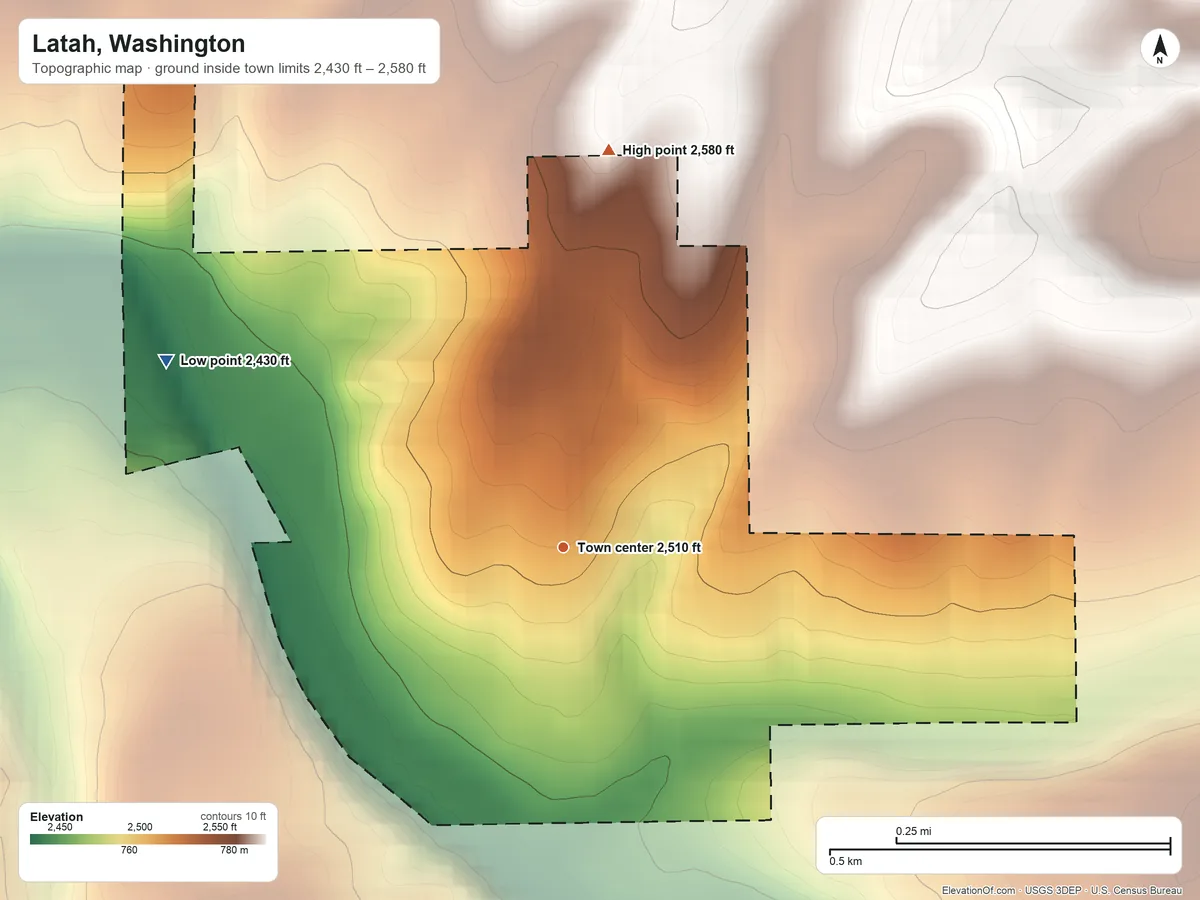 Topographic elevation map of Latah, Washington, shaded from 2,430 ft on the northwest side to 2,580 ft on the north edge, below higher ground just outside
