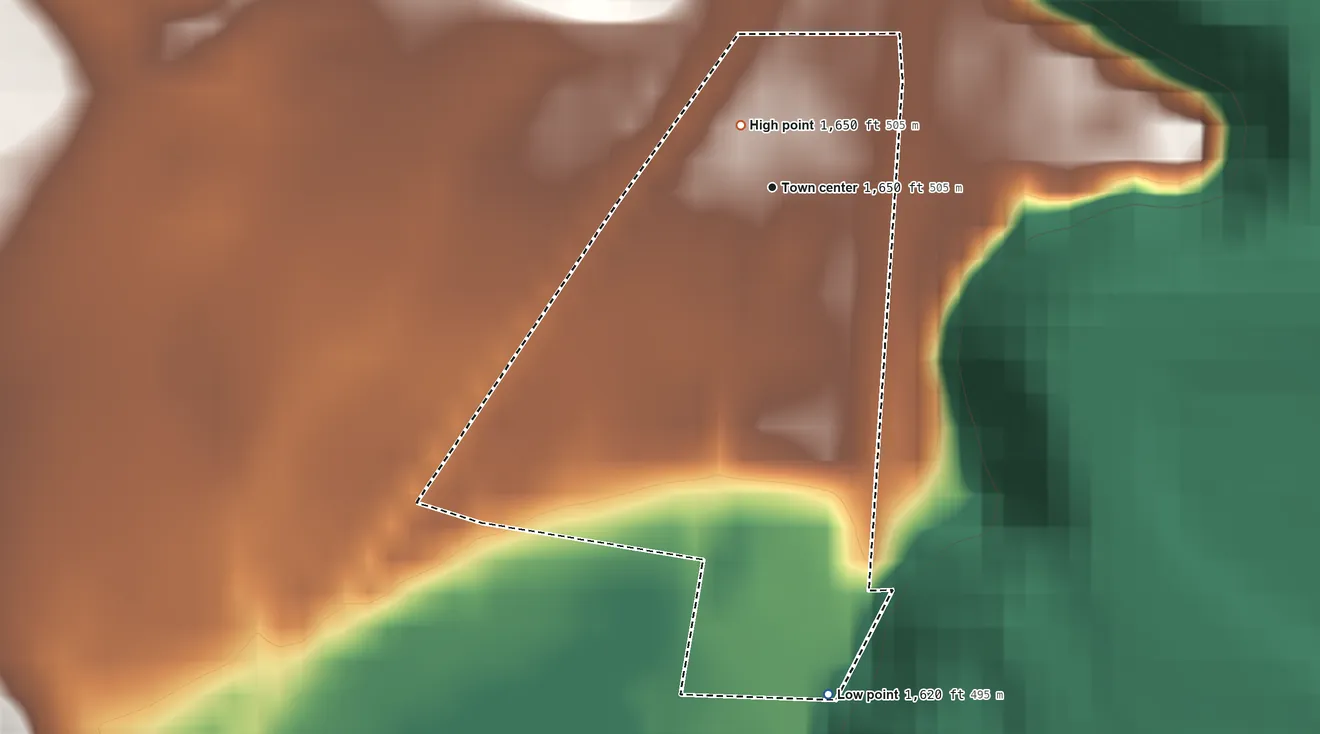 Topographic elevation map of Laurier, Washington, shaded from 1,620 ft on the south side to 1,650 ft at the foot of the Kettle River Range