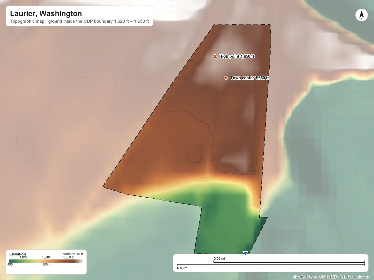 Topographic elevation map of Laurier, Washington, shaded from 1,620 ft on the south side to 1,650 ft at the foot of the Kettle River Range