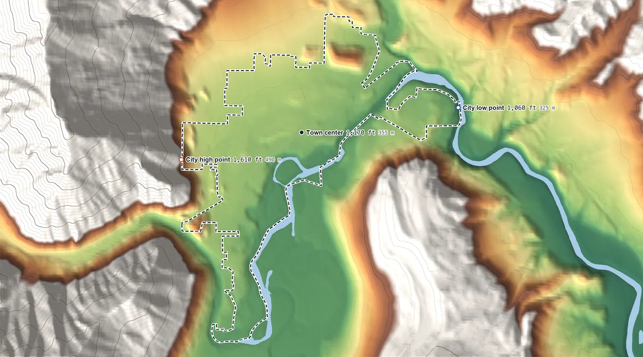 Topographic elevation map of Leavenworth, Washington, shaded from 1,060 ft on the east side to 1,610 ft at the foot of the Enchantment Peaks