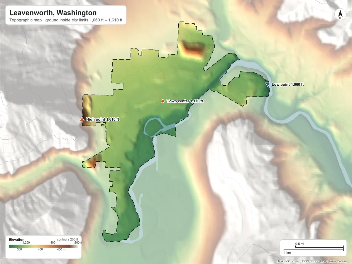 Topographic elevation map of Leavenworth, Washington, shaded from 1,060 ft on the east side to 1,610 ft at the foot of the Enchantment Peaks
