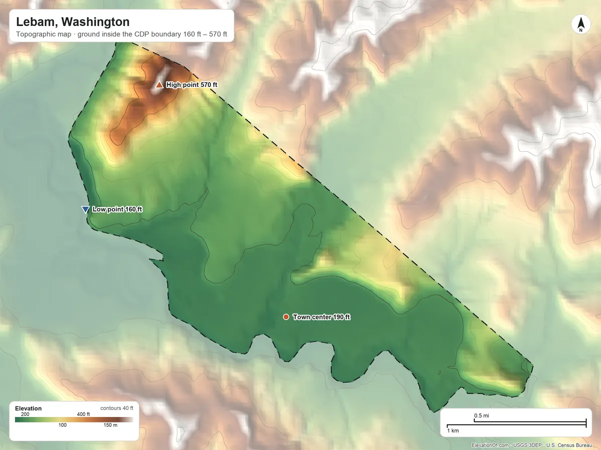 Topographic elevation map of Lebam, Washington, shaded from 160 ft on the northwest side to 570 ft on the northwest side