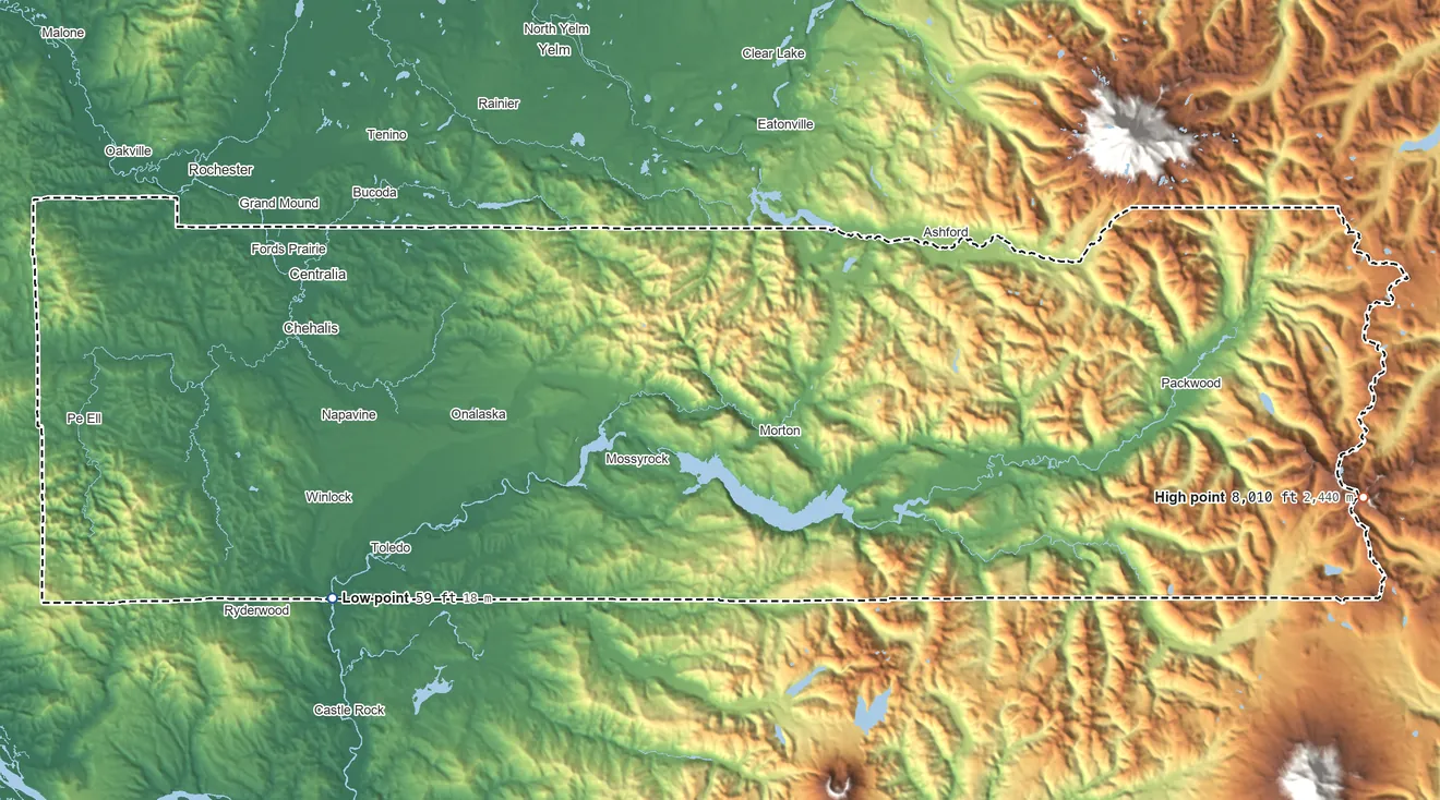 Topographic elevation map of Lewis County, Washington, shaded from 59 ft on the southwest side to 8,010 ft on Goat Rocks