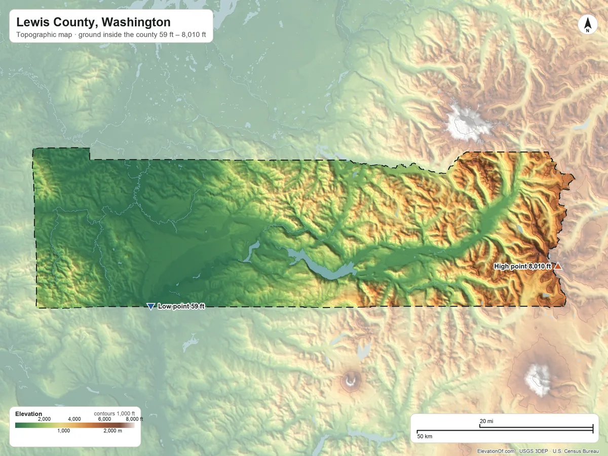 Topographic elevation map of Lewis County, Washington, shaded from 59 ft on the southwest side to 8,010 ft on Goat Rocks