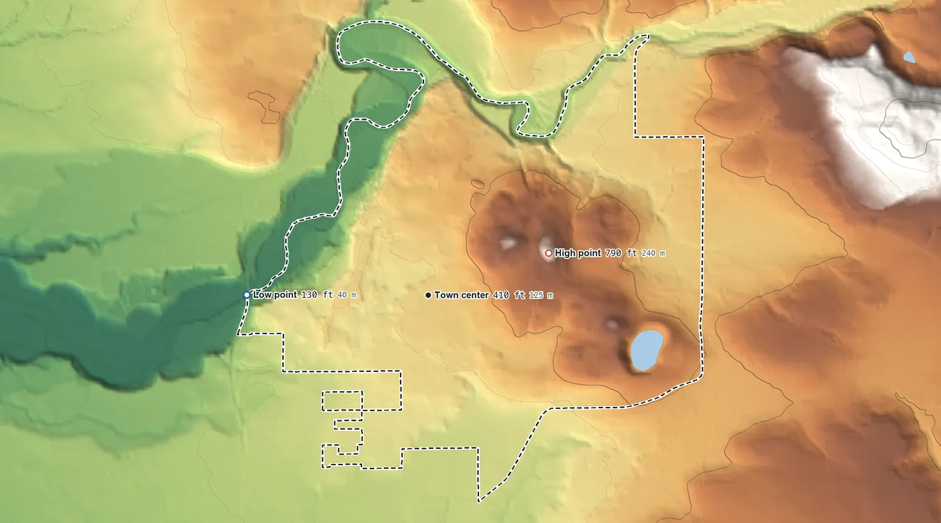 Topographic elevation map of Lewisville, Washington, shaded from 130 ft on the west side to 790 ft on the east side