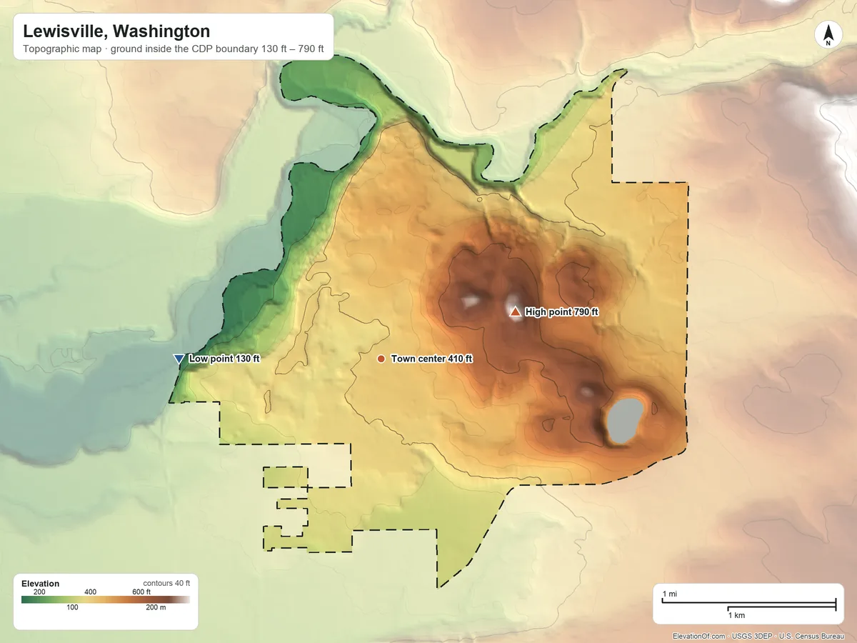 Topographic elevation map of Lewisville, Washington, shaded from 130 ft on the west side to 790 ft on the east side