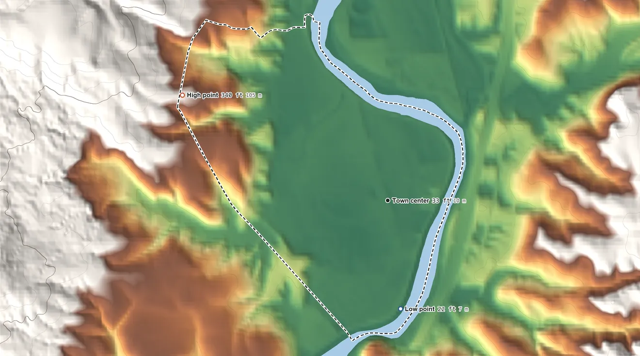 Topographic elevation map of Lexington, Washington, shaded from 22 ft on the south side to 340 ft at the foot of the Wilkes Hills
