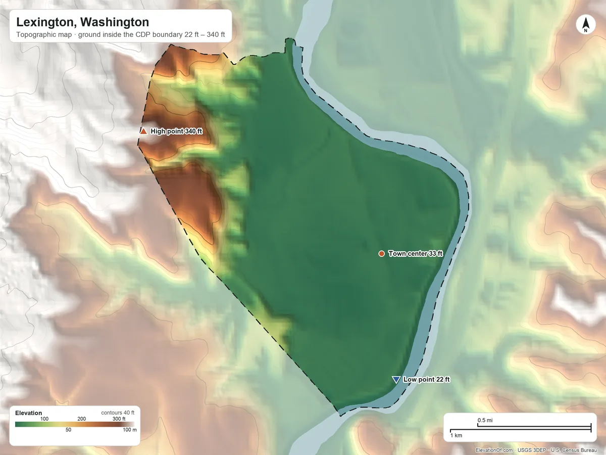 Topographic elevation map of Lexington, Washington, shaded from 22 ft on the south side to 340 ft at the foot of the Wilkes Hills
