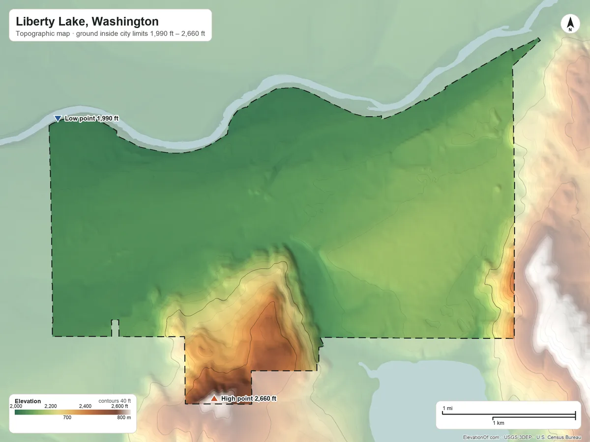 Topographic elevation map of Liberty Lake, Washington, shaded from 1,990 ft on the west side to 2,660 ft on Carlson Hill